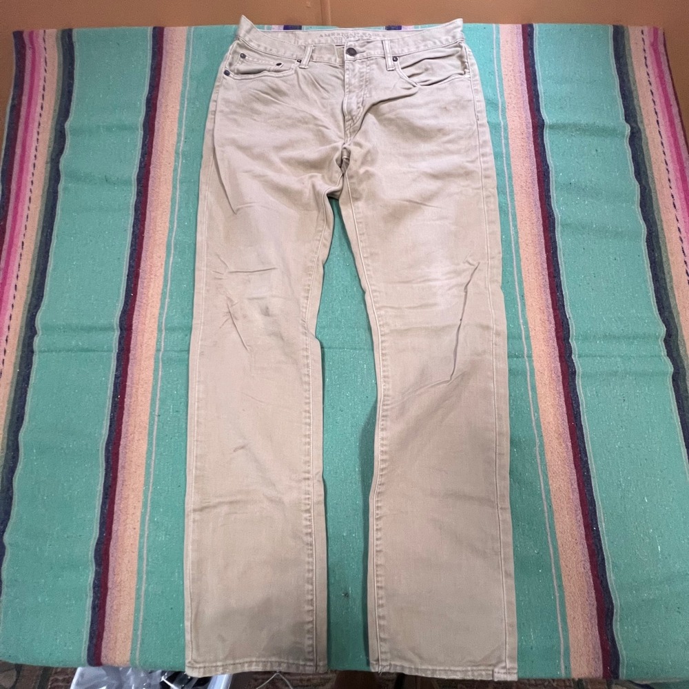 American Eagle Slim Straight Pants Mens 32x34 Khaki Tan Cotton Twill Chinos
